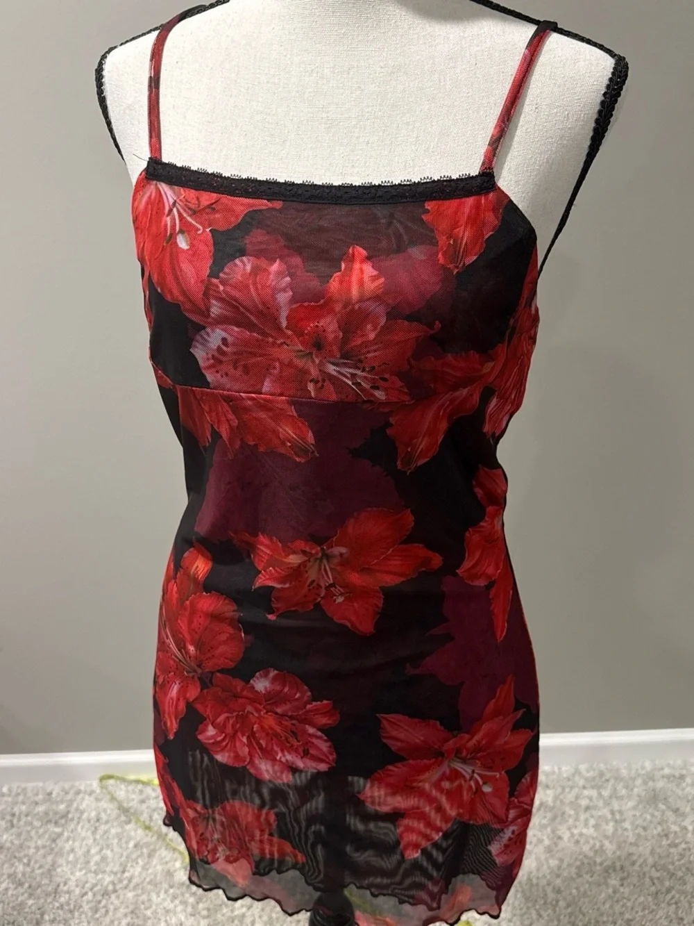 SHEIN Black Mesh Mini Dress with Red Floral Print